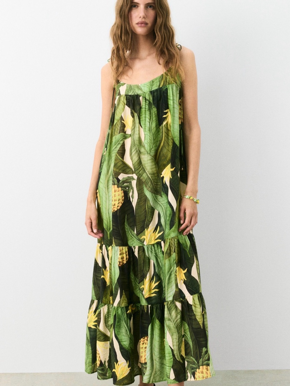 Tropical Green Leaf Print Tiered Maxi Dress Woman’s Large Lg Resort Dress